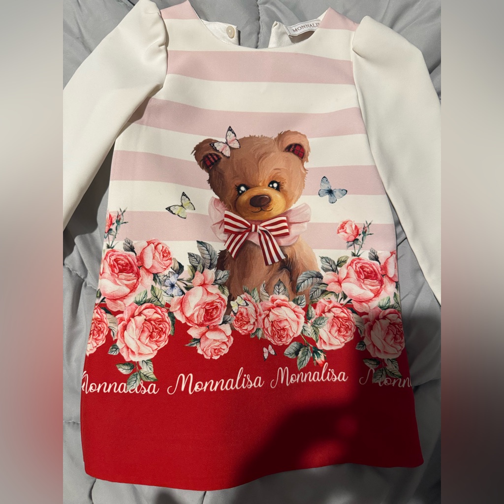 Monnalisa Teddy Bear Dress With Floral Design